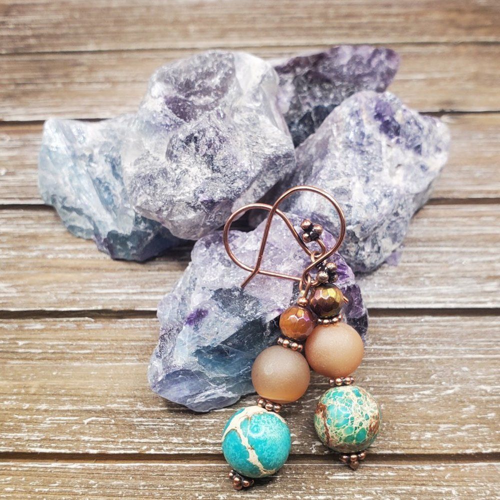 Aqua Imperial Jasper, Champaign Druzy Agate and Tigers' Eye Earrings